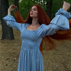 Blue Floral Soft Smoked Midi Dress